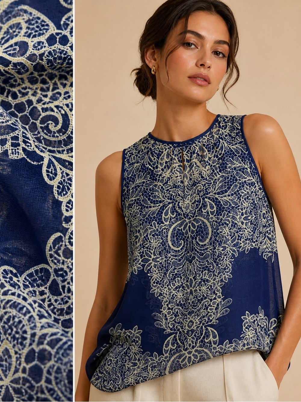INC International Concepts Blue Lace Print Sleeveless Blouse Dressy Flowy XXL